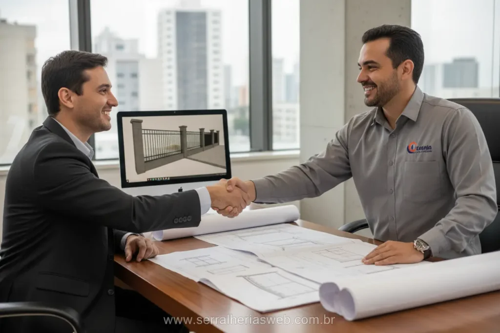Cliente e serralheiro revisando projeto com confiança