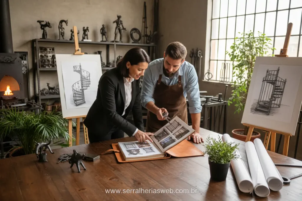 Cliente e serralheiro discutindo projeto artístico.