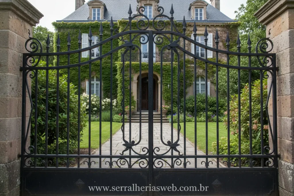 Portão em ferro forjado clássico com detalhes ornamentados